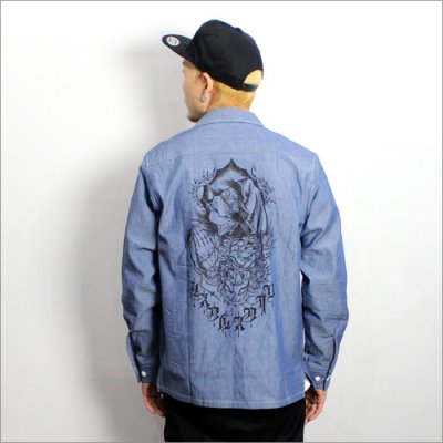 画像2: 【送料無料】KustomStyle カスタムスタイル PRAYING KATAKANA CHAMBRAY L/Sシャツ BLUE