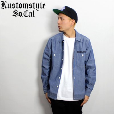 画像1: 【送料無料】KustomStyle カスタムスタイル PRAYING KATAKANA CHAMBRAY L/Sシャツ BLUE