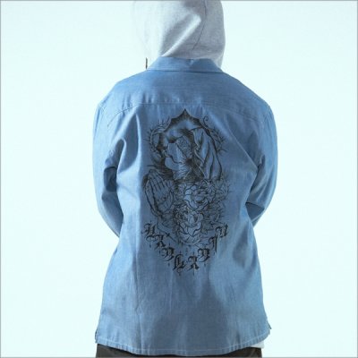 画像7: 【送料無料】KustomStyle カスタムスタイル PRAYING KATAKANA CHAMBRAY L/Sシャツ BLUE