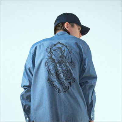 画像9: 【送料無料】KustomStyle カスタムスタイル PRAYING KATAKANA CHAMBRAY L/Sシャツ BLUE