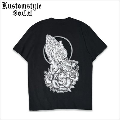 画像1: KustomStyle カスタムスタイル SKULL ROSE PRAYING HANDS Tシャツ BLACK