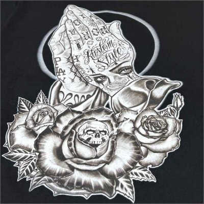 画像4: KustomStyle カスタムスタイル SKULL ROSE PRAYING HANDS Tシャツ BLACK