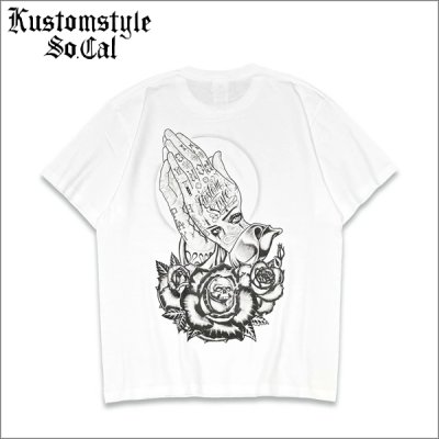 画像1: KustomStyle カスタムスタイル SKULL ROSE PRAYING HANDS Tシャツ WHITE