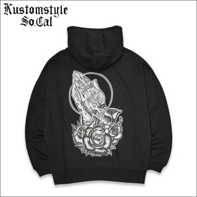 画像1: 【送料無料】KustomStyle カスタムスタイル SKULL ROSE PRAYING HANDS プルオーバーパーカー BLACK