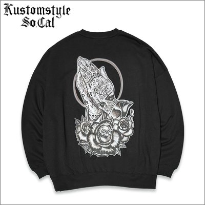 画像1: 【送料無料】KustomStyle カスタムスタイル SKULL ROSE PRAYING HANDS クルーネックスウェット BLACK