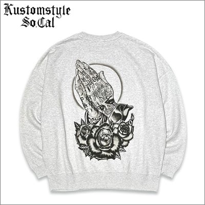 画像1: 【送料無料】KustomStyle カスタムスタイル SKULL ROSE PRAYING HANDS クルーネックスウェット ASH