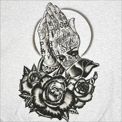 画像4: 【送料無料】KustomStyle カスタムスタイル SKULL ROSE PRAYING HANDS クルーネックスウェット ASH