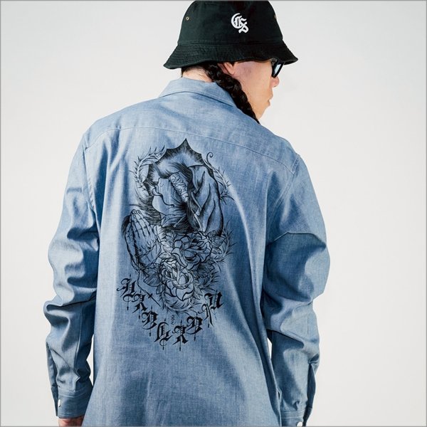 画像11: 【送料無料】KustomStyle カスタムスタイル PRAYING KATAKANA CHAMBRAY L/Sシャツ BLUE (11)