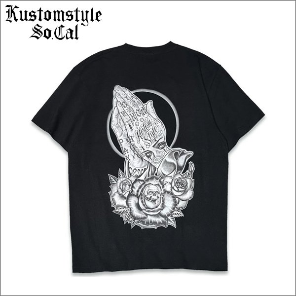 画像1: KustomStyle カスタムスタイル SKULL ROSE PRAYING HANDS Tシャツ BLACK (1)