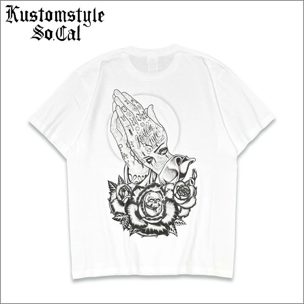 画像1: KustomStyle カスタムスタイル SKULL ROSE PRAYING HANDS Tシャツ WHITE (1)