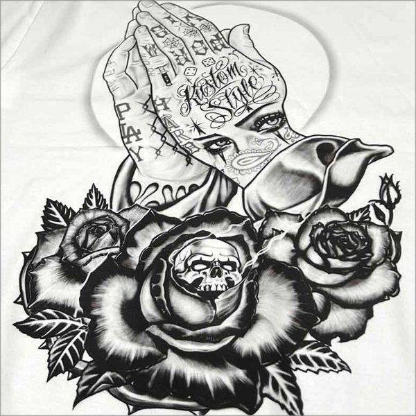 画像4: KustomStyle カスタムスタイル SKULL ROSE PRAYING HANDS Tシャツ WHITE (4)