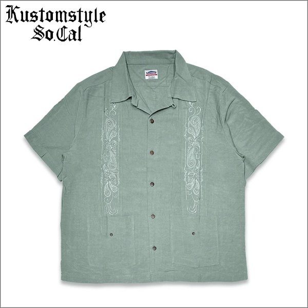 画像1: 【送料無料】KustomStyle カスタムスタイル LONGROOF S/S キューバシャツ GREEN (1)