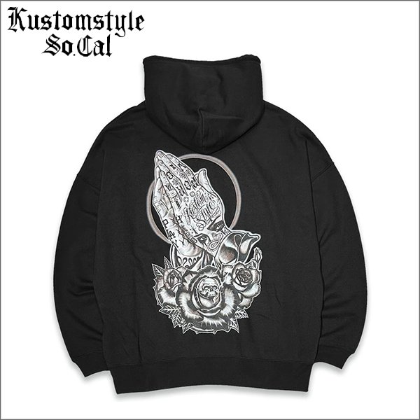 画像1: 【送料無料】KustomStyle カスタムスタイル SKULL ROSE PRAYING HANDS プルオーバーパーカー BLACK (1)