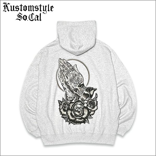 画像1: 【送料無料】KustomStyle カスタムスタイル SKULL ROSE PRAYING HANDS プルオーバーパーカー ASH (1)