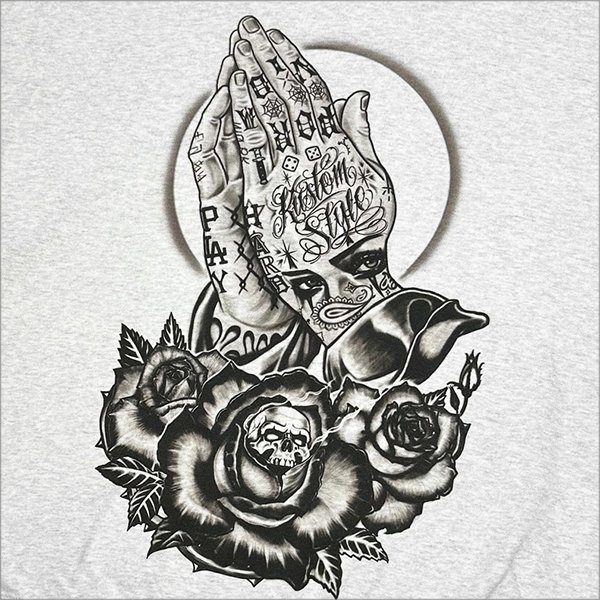 画像4: 【送料無料】KustomStyle カスタムスタイル SKULL ROSE PRAYING HANDS プルオーバーパーカー ASH (4)
