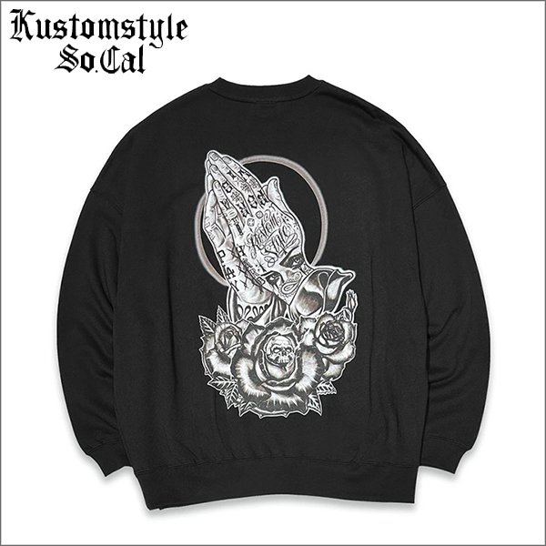 画像1: 【送料無料】KustomStyle カスタムスタイル SKULL ROSE PRAYING HANDS クルーネックスウェット BLACK (1)