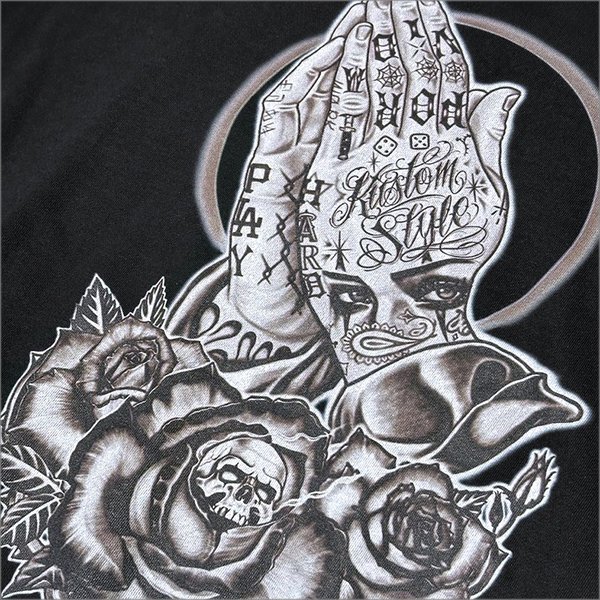 画像4: 【送料無料】KustomStyle カスタムスタイル SKULL ROSE PRAYING HANDS クルーネックスウェット BLACK (4)