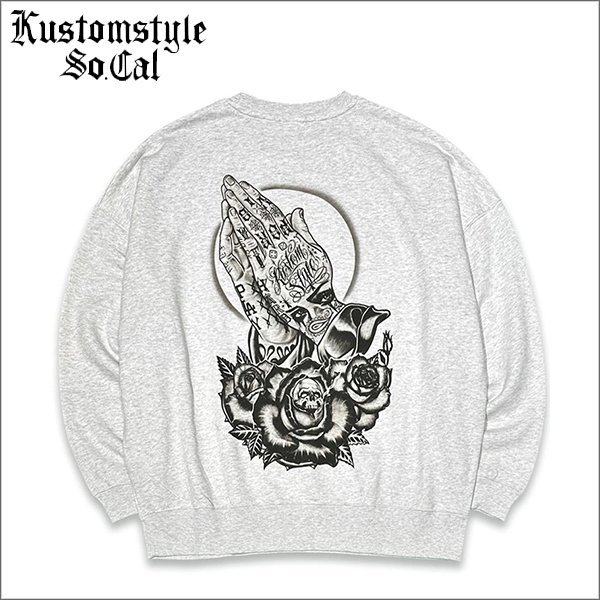 画像1: 【送料無料】KustomStyle カスタムスタイル SKULL ROSE PRAYING HANDS クルーネックスウェット ASH (1)