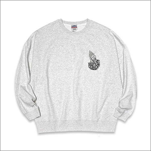 画像2: 【送料無料】KustomStyle カスタムスタイル SKULL ROSE PRAYING HANDS クルーネックスウェット ASH (2)