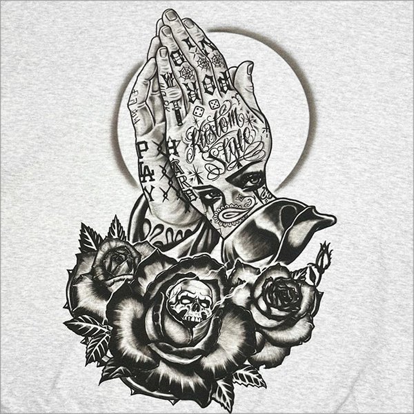 画像4: 【送料無料】KustomStyle カスタムスタイル SKULL ROSE PRAYING HANDS クルーネックスウェット ASH (4)