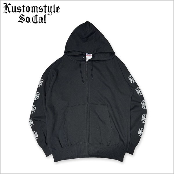 画像1: 【送料無料】KustomStyle カスタムスタイル IRON CROSS 25th ZIPパーカー BLACK (1)