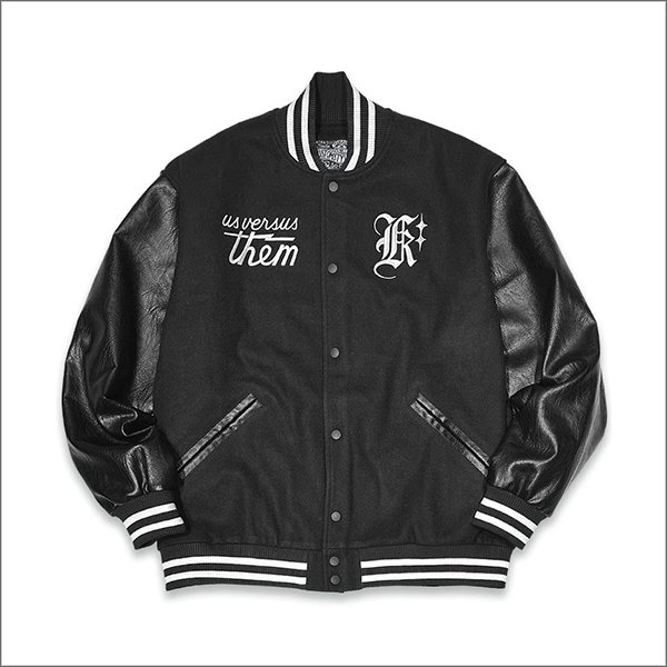 画像2: 【送料無料】KustomStyle x US VERSUS THEM BROTHERHOOD MELTON VARSITY JKT BLACK/WHITE (2)