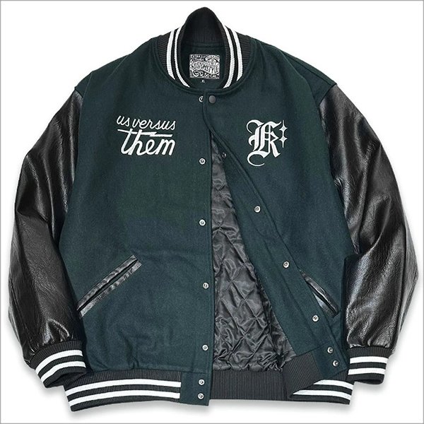 画像6: 【送料無料】KustomStyle x US VERSUS THEM BROTHERHOOD MELTON VARSITY JKT GREEN (6)